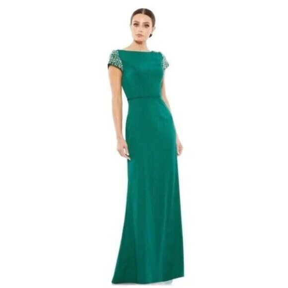 Ieena Mac Duggal Emerald Green Beaded Cap Sleeve Column Gown